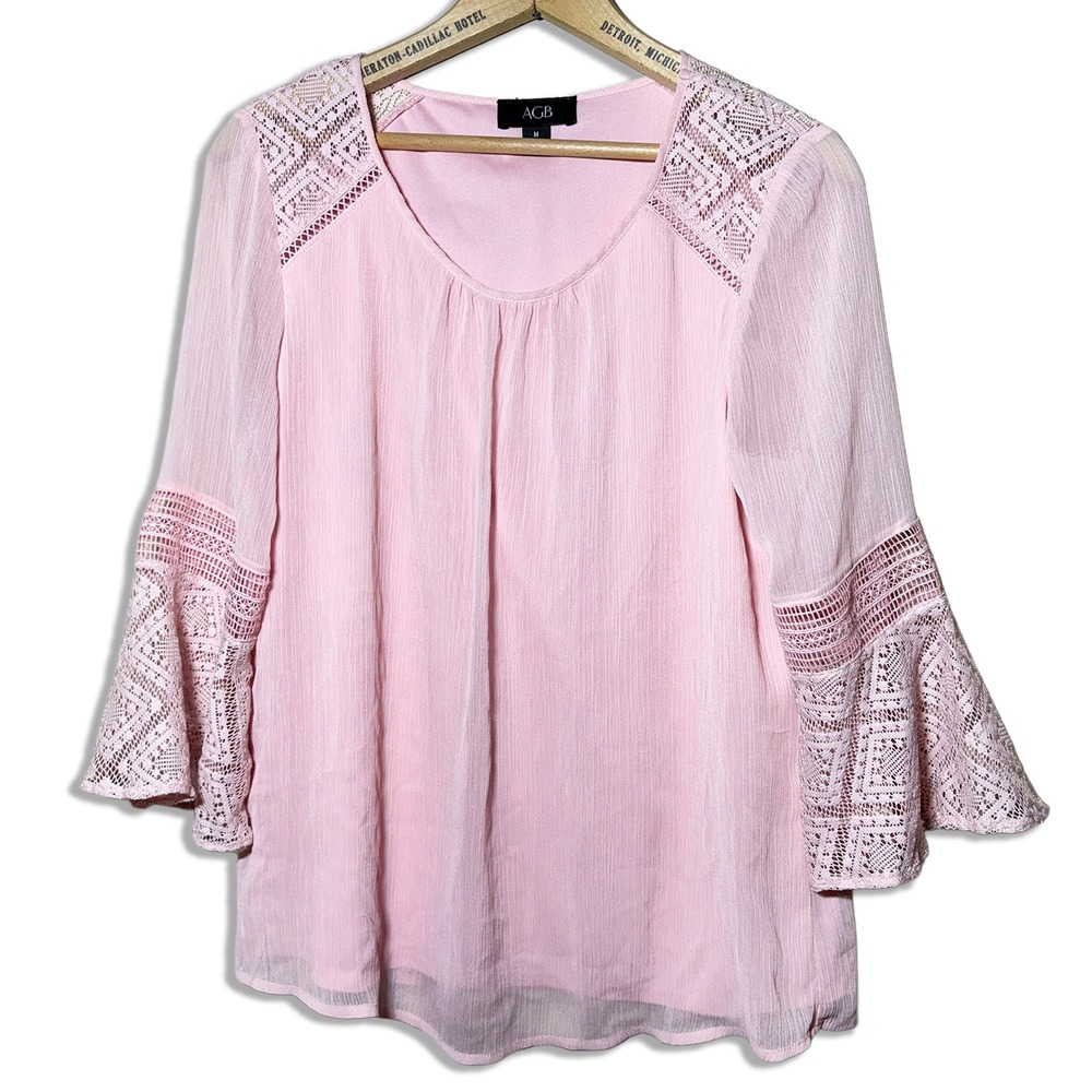 AGB Pink Blush Bell Sleeve Blouse Chiffon Lightweight Top M Crochet Shoulder